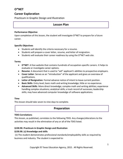 O NET Career Exploration Lesson Plan Practicum In Graphic Design And