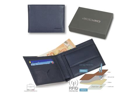 Portafoglio Anti Rfid Uomo In Pelle Blu Con Portamonete Acciaio