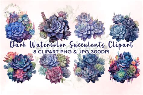 Dark Watercolor Succulents Clipart Graphic By Nastine · Creative Fabrica