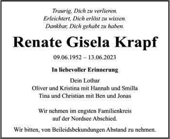 Traueranzeigen Von Renate Gisela Krapf Sh Z Trauer