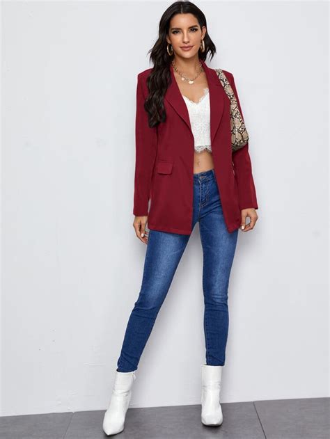 SHEIN Peak Collar Flap Detail Solid Blazer SHEIN UK