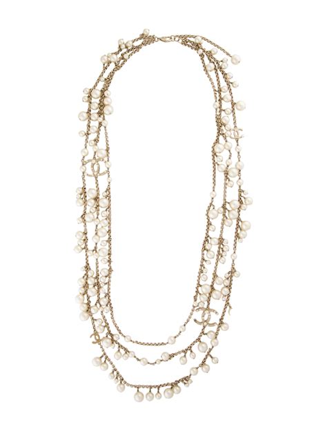 Chanel Faux Pearl Multistrand Cc Necklace Gold Plated Multistrand