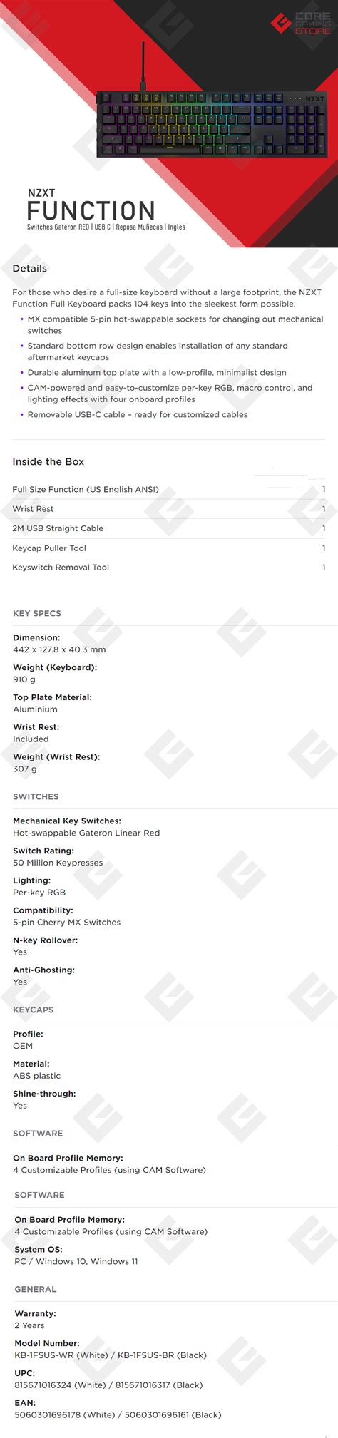 Teclado Mecánico Modular NZXT Function Negro Switches Gateron Red RGB Hot Swap USB C Ingles