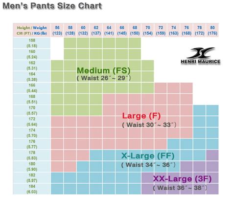 Size Chart For Men's Pants