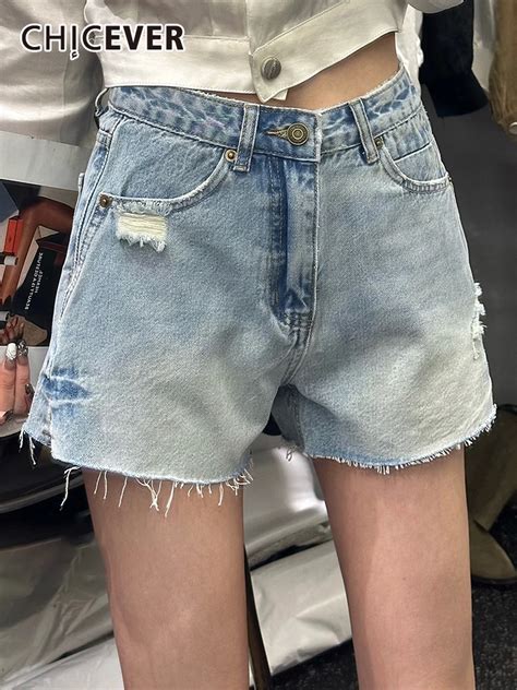 Chicever Hole Hollow Out Denim Shorts For Women High Waist Patchwork