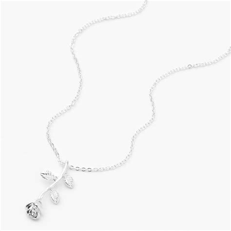 Silver Long Stemmed Rose Pendant Necklace Claires Us