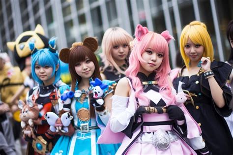 Un grupo de fanáticos del anime están alineados en una línea Foto