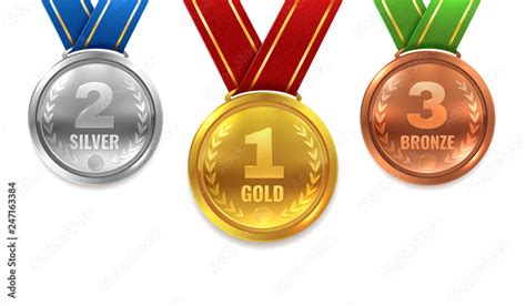 Gold silver bronze medals. Winner shiny circle medal honor champion award ceremony trophy place ...