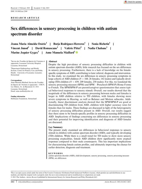 Autism Research 2021 Osório Sex Differences In Sensory Processing