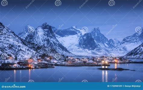 Reine at Night in Lofoten Islands, Norway. Winter Landscape Stock Image ...