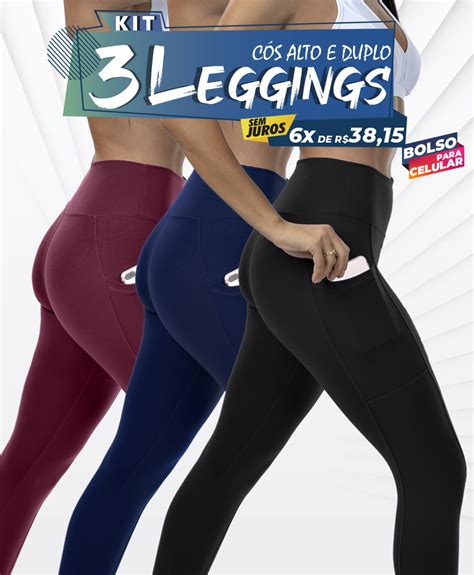 Kit Leggings Lisa C S Alto Bolso Lateral Analu Moda Feminina