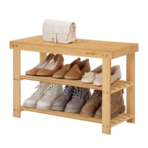 SONGMICS Shoe Rack Bench 3 Tier Bamboo Shoe Organizer Storage Shelf