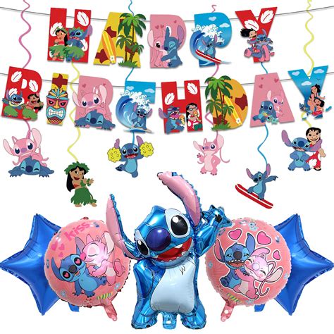 Stitch Birthday Decorations Stitch Happy Birthday Banner and Hanging Swirls Stitch Foil Balloons ...