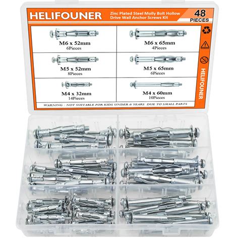 Helifouner Hollow Wall Anchor Screws Set Sizes Heavy Duty Zinc