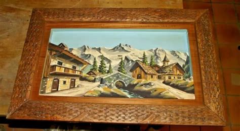 TRES GRAND TABLEAU cadre en bois peint relief sculpté chalet de