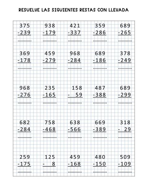 Restas De Numeros De Tres Cifras Con Llevada Plantilla Editable