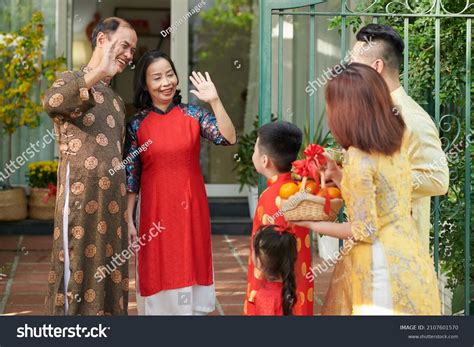 Happy Grandparents Greeting Their Children Grandchildren Stock Photo ...