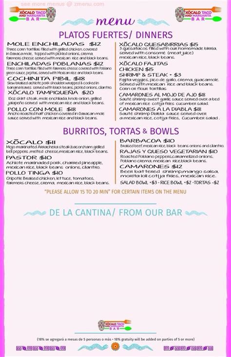 Online Menu Of Xocalo Taco And Margarita Bar Restaurant Oak Forest