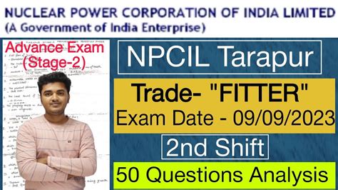 NPCIL Tarapur Fitter Advance Exam 2nd Shift Question Paper 09 09 2023