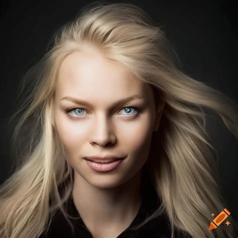 Beautiful Nordic Woman With Blonde Hair Smiling On Dark Background On