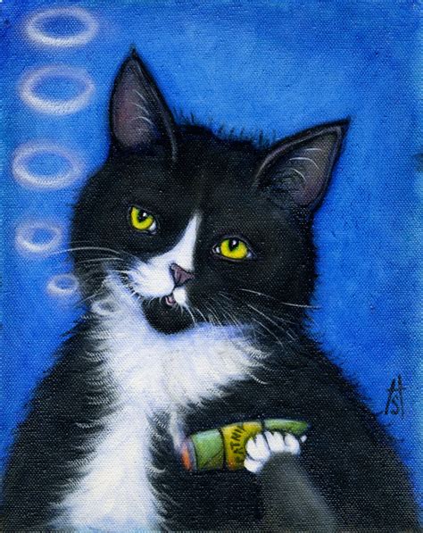 Tuxedo cat smoking catnip cigar print. Charlie's Bad Habit