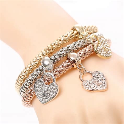 Bracelet Femme Strass 3 Coeurs Brillants Bijoux Femmes Bracelets