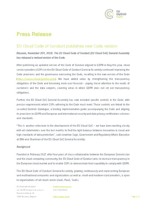 Press Release EU Cloud Code Of Conduct Publishes New Code Version EU