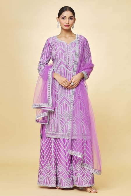 Buy Purple Chanderi Hand Embroidered Zari Notched Kurta Sharara Set For