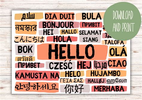 Hello Poster in Different Languages Landscape Warm Colours Digital ...