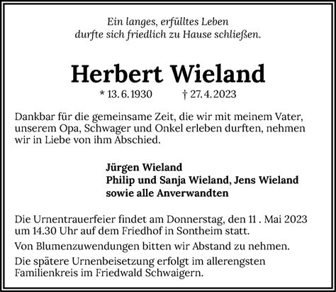 Traueranzeigen Von Herbert Wieland Trauerundgedenken De