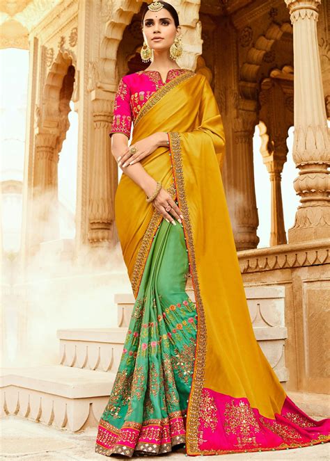 Mustard Yellow Pink Pista Green Art Silk Wedding Saree 8002