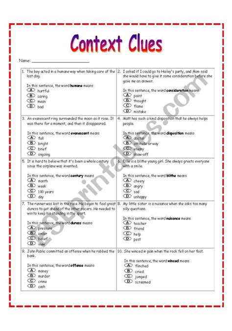 Reading Comprehension With Context Clues Worksheet