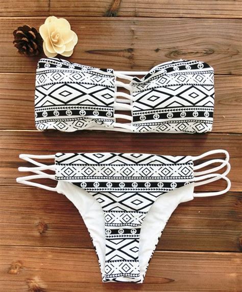 2015 Women Bandeau Bikini Reversible Print Swimsuit Strappy Swimwear