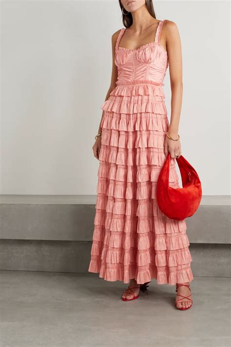 Ulla Johnson Camille Tiered Pliss Satin Maxi Dress Maxi Dress Pink