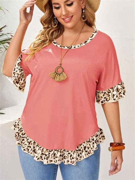 Emery Rose Camiseta De Leopardo En Contraste Bajo Con Fruncido De Manga