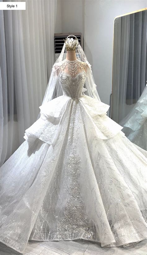 Bling long sleeves sparkly beaded crew neck white ballgown wedding gown