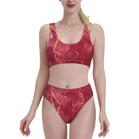 Lukts Women High Waisted Bikini Set Abstract Red Marble Swimsuit