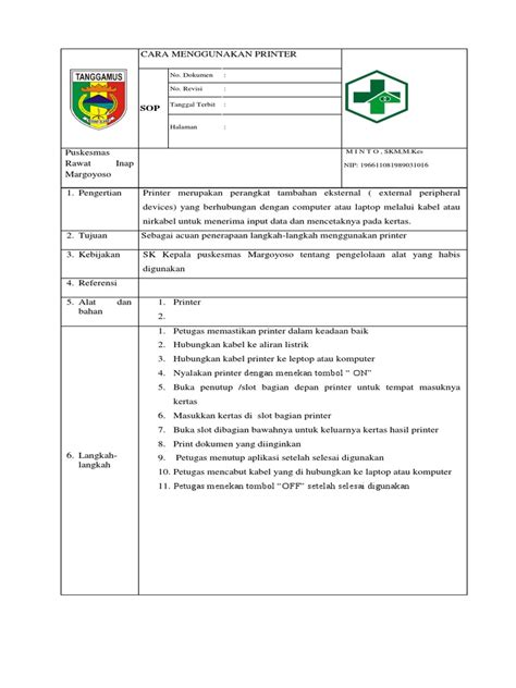 Sop Menggunakan Printer Pdf