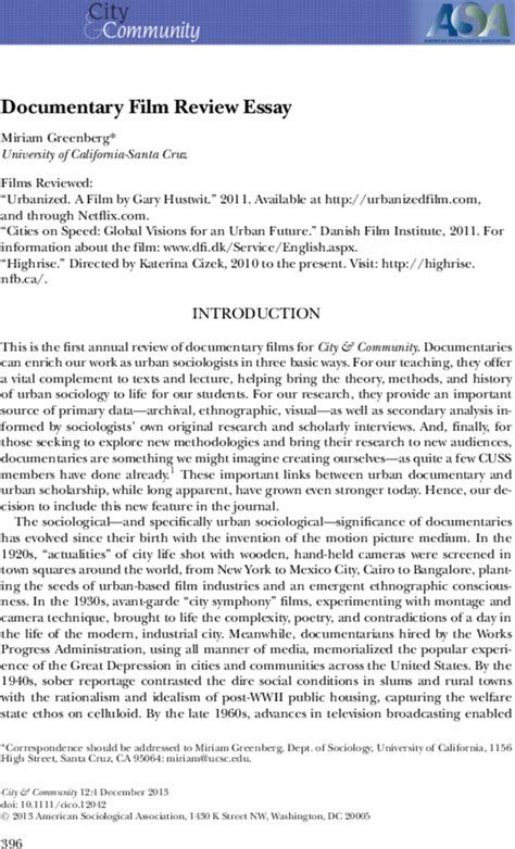 Documentary Film Review Essay Greenberg 2013 City And Community