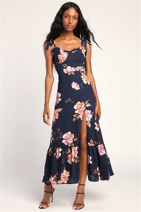 Blue Floral Print Dress Tie Strap Dress Ruffled Maxi Dress Lulus