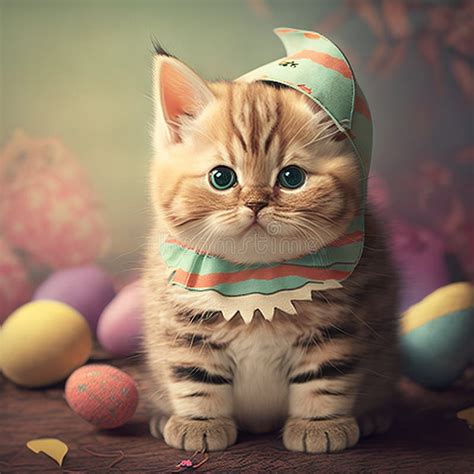 Cute Baby Cat Portrait In Easter Outfit With Easter Eggs And Plumes Ai