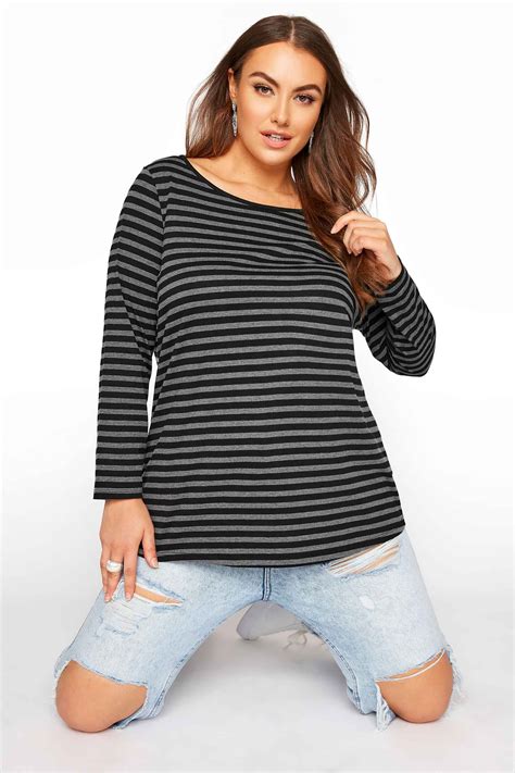 Plus Size Black Striped Scoop Neck Long Sleeve T Shirt Yours Clothing