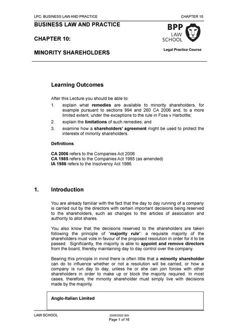 BLP Chapter 10 22 23 Notes LPC BUSINESS LAW AND PRACTICE CHAPTER