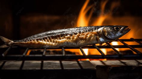 A Piece Of Fish On A Grill In Front Of Fire, Saltgrilled Pacific Saury ...