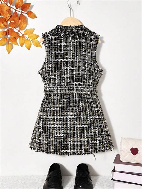 SHEIN Tween Girl Waterfall Collar Belted Tweed Vest Overcoat SHEIN USA