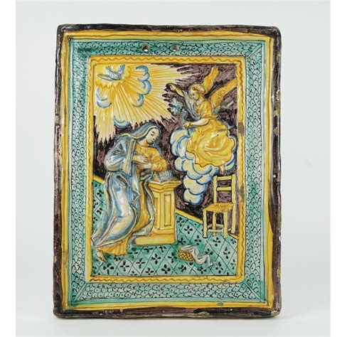 Placca Rettangolare In Maiolica Policroma Nei Toni Del Blu Giallo