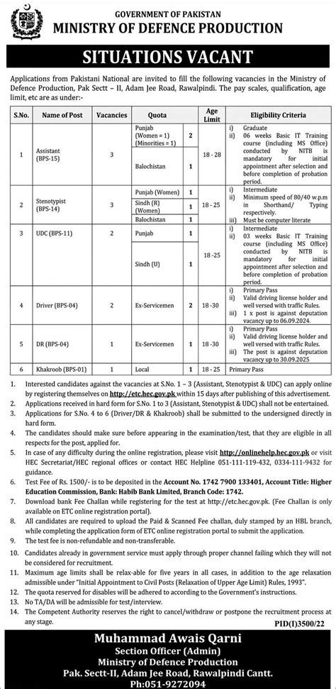 Jobs In Ministry Of Defence Production BPS 01 To BPS 15