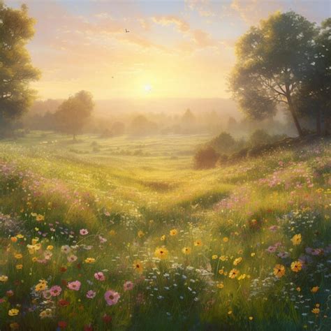 Una pintura de un campo de flores con la puesta de sol detrás de él