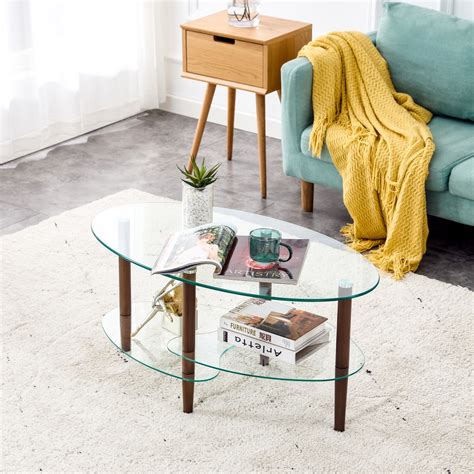 Holaki Transparent Glass Coffee Table, Oval Tea Table 3-Layer Glass