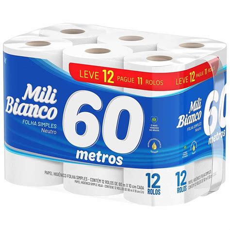 Papel Higiênico Bianco 60 Metros Folha Simples L12p11 Mili 12rl